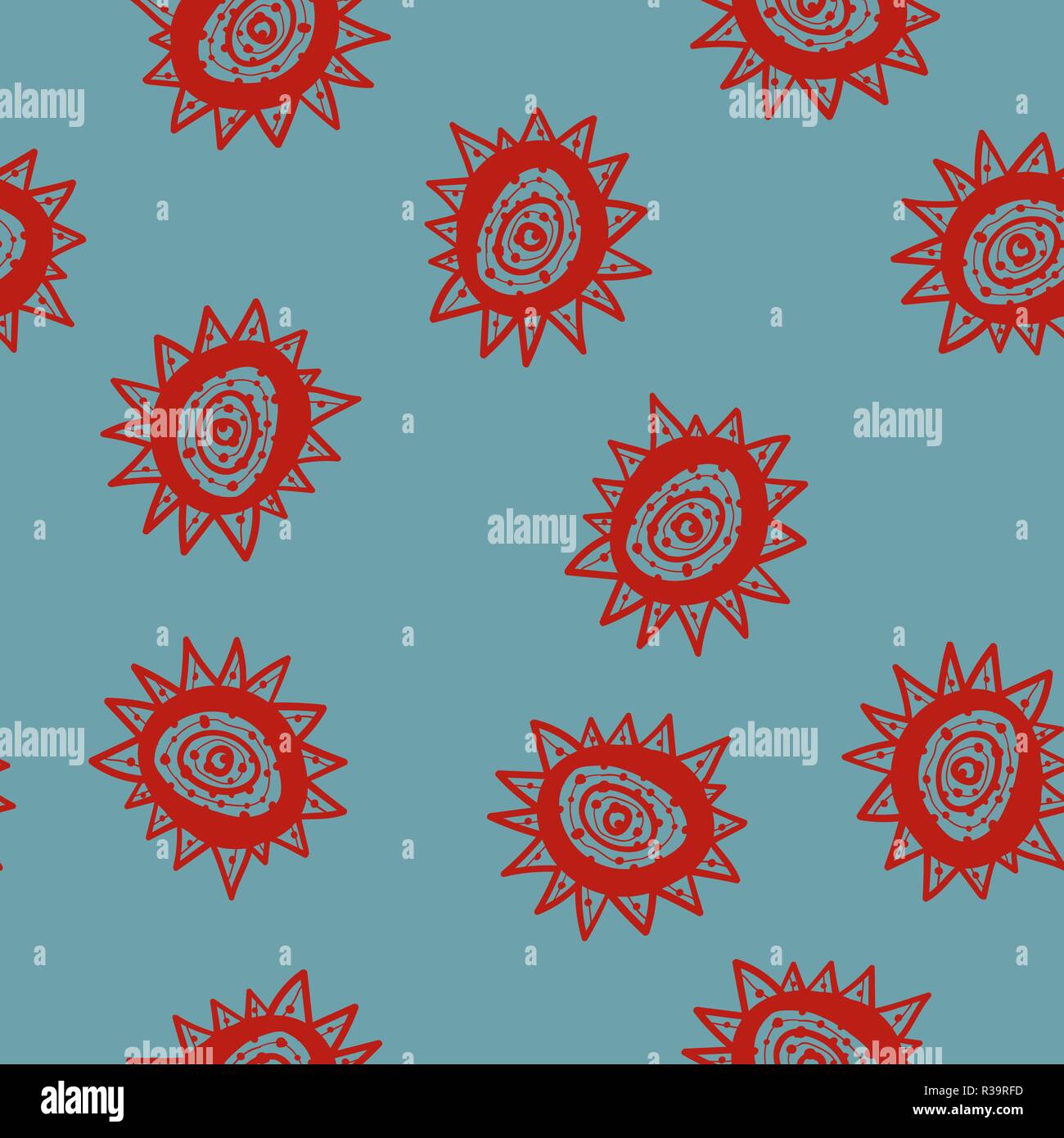 Doodle star with concentric circles inside chaotic seamless pattern Stock Vector