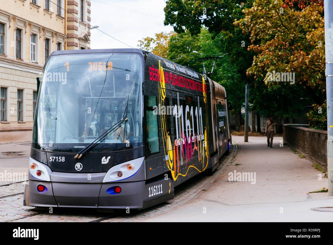 Tram in the city of Riga. Skoda 15T ForCity. Riga, Latvia, Baltic states, Europe. Stock Photo