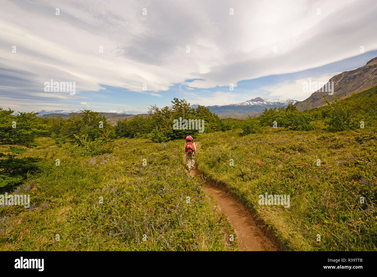 Hiking into the Patagonian Highlands on Torres del Paine in the Chilean Andes Stock Photo