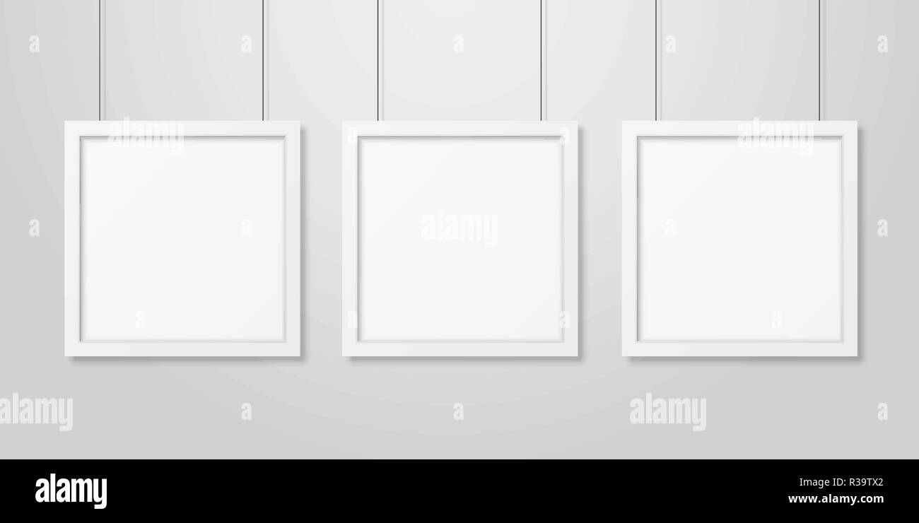 Three Vector Realistic Modern Interior White Blank Square Wooden Poster Picture Frame Set