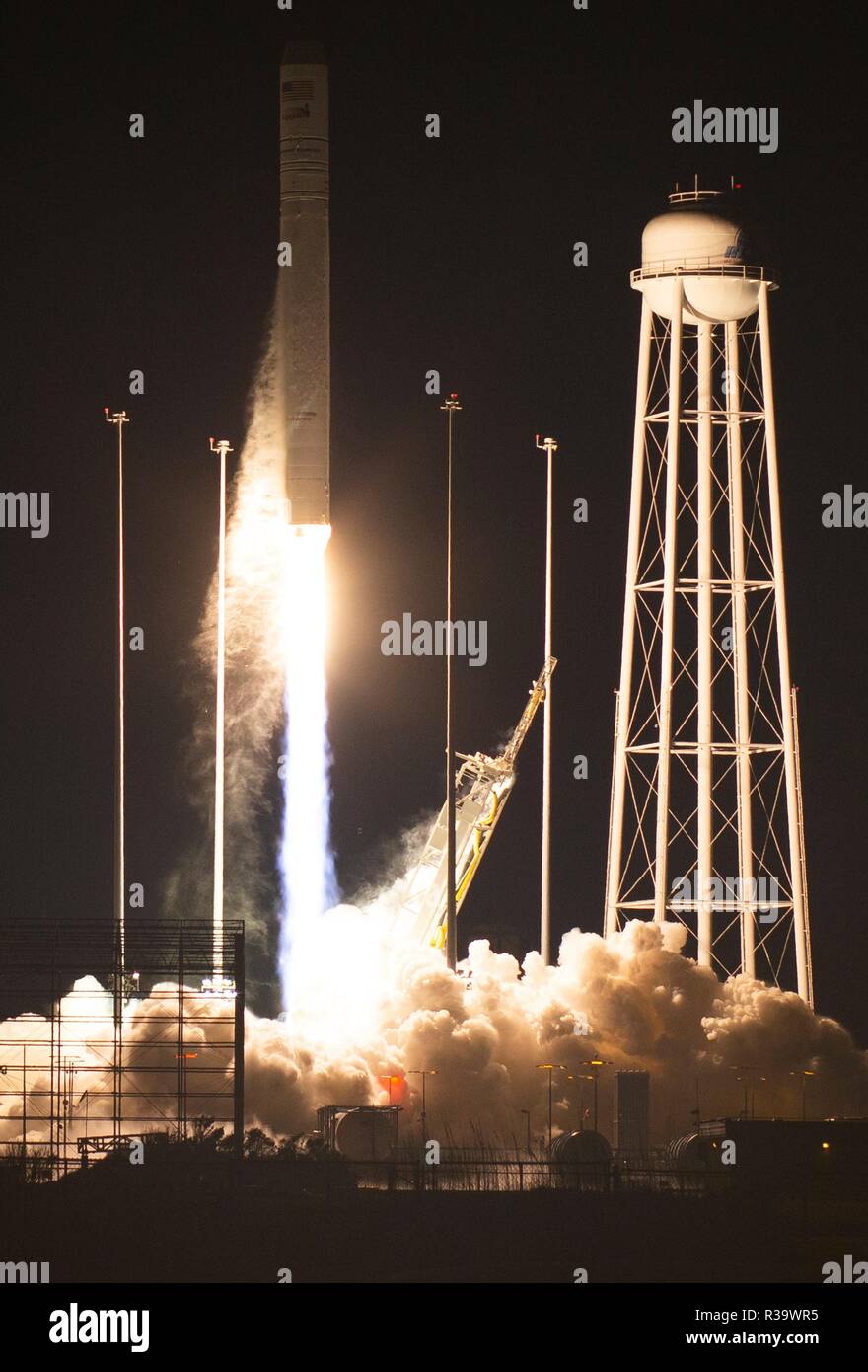 The Northrop Grumman Antares rocket carrying the Cygnus resupply spacecraft launches from Pad-0A at NASA Wallops Flight Facility November 17, 2018 in Wallops Island, Virginia. The commercial cargo resupply mission to the International Space Station will deliver about 7,400 pounds of science and research, crew supplies and hardware to the orbital laboratory and its crew. Stock Photo