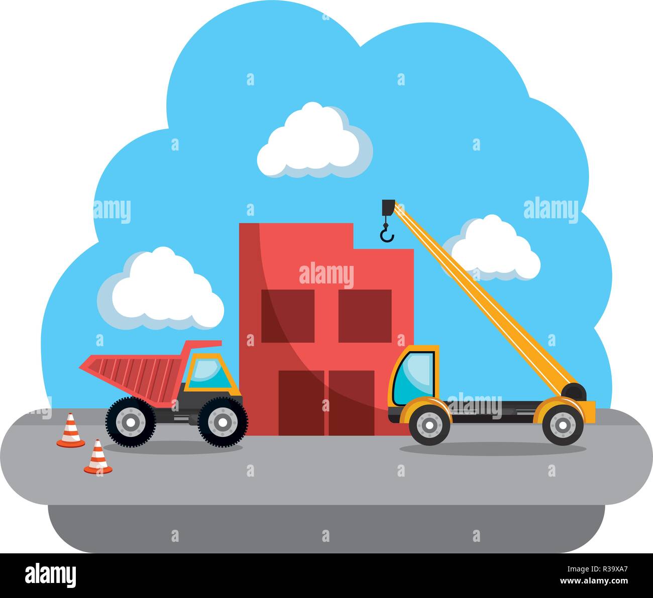 construction dump and crane trucks vehicles vector illustration design Stock Vector