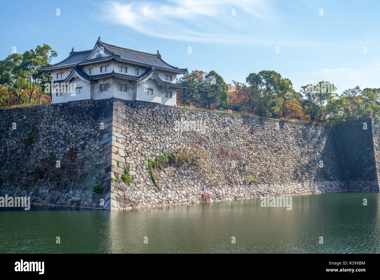 Yagura and Moat of Osaka castle in osaka, japan Stock Photo