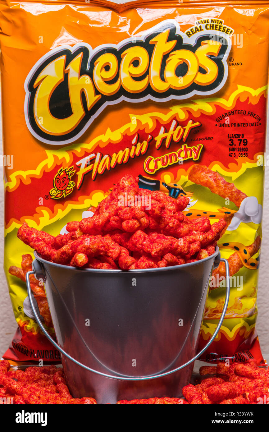 Flamin Hot Cheetos In Bucket With Bag Stock Photo Alamy