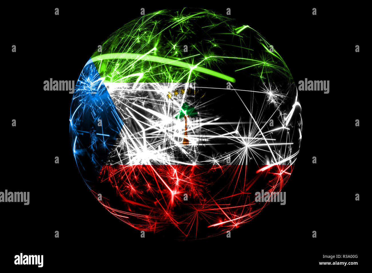 Abstract Equatorial Guinea sparkling flag, Christmas ball holiday concept isolated on black background Stock Photo