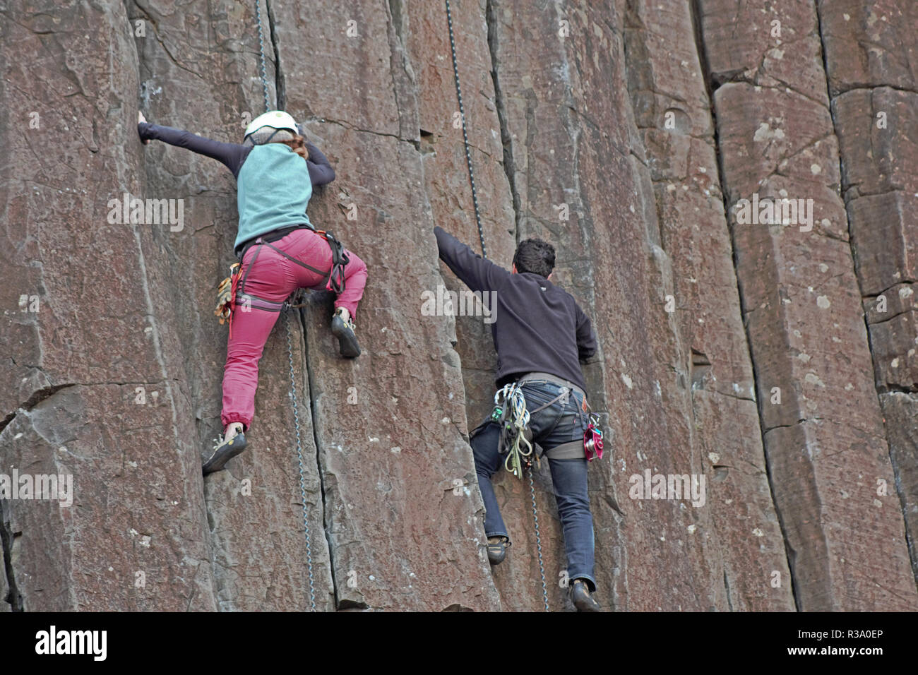 Climbing the Skinners Butte basalt rock columns in Eugene, Oregon Stock