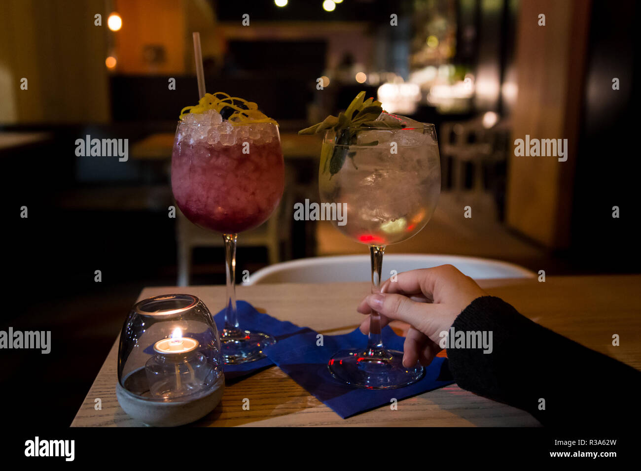 Two craft cocktail drink in a upscale cocktail lounge Stock Photo Alamy