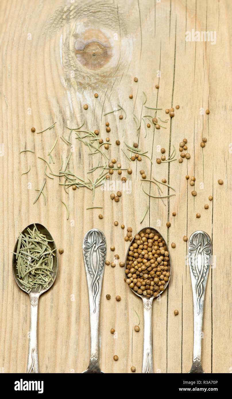 Coriander and rosemary spices in silver spoons on wooden background Stock Photo