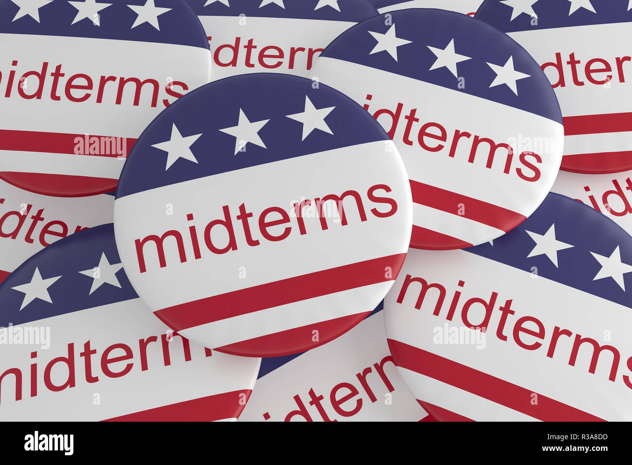 USA Politics News Badges: Pile of Midterms Buttons With US Flag, 3d illustration Stock Photo