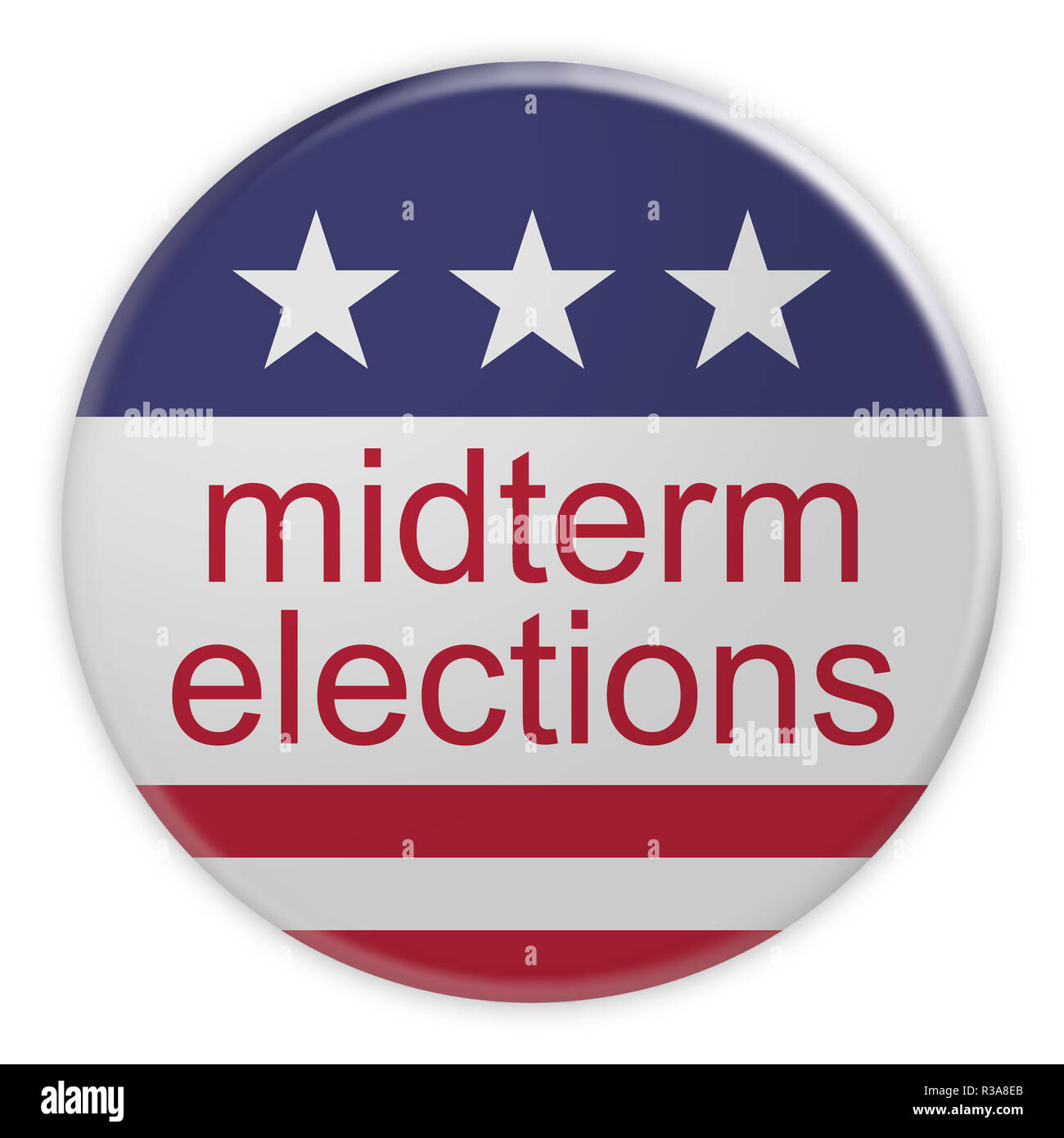 USA Politics News Badge: Midterm Elections Button With US Flag, 3d illustration, Isolated Against White Background Stock Photo