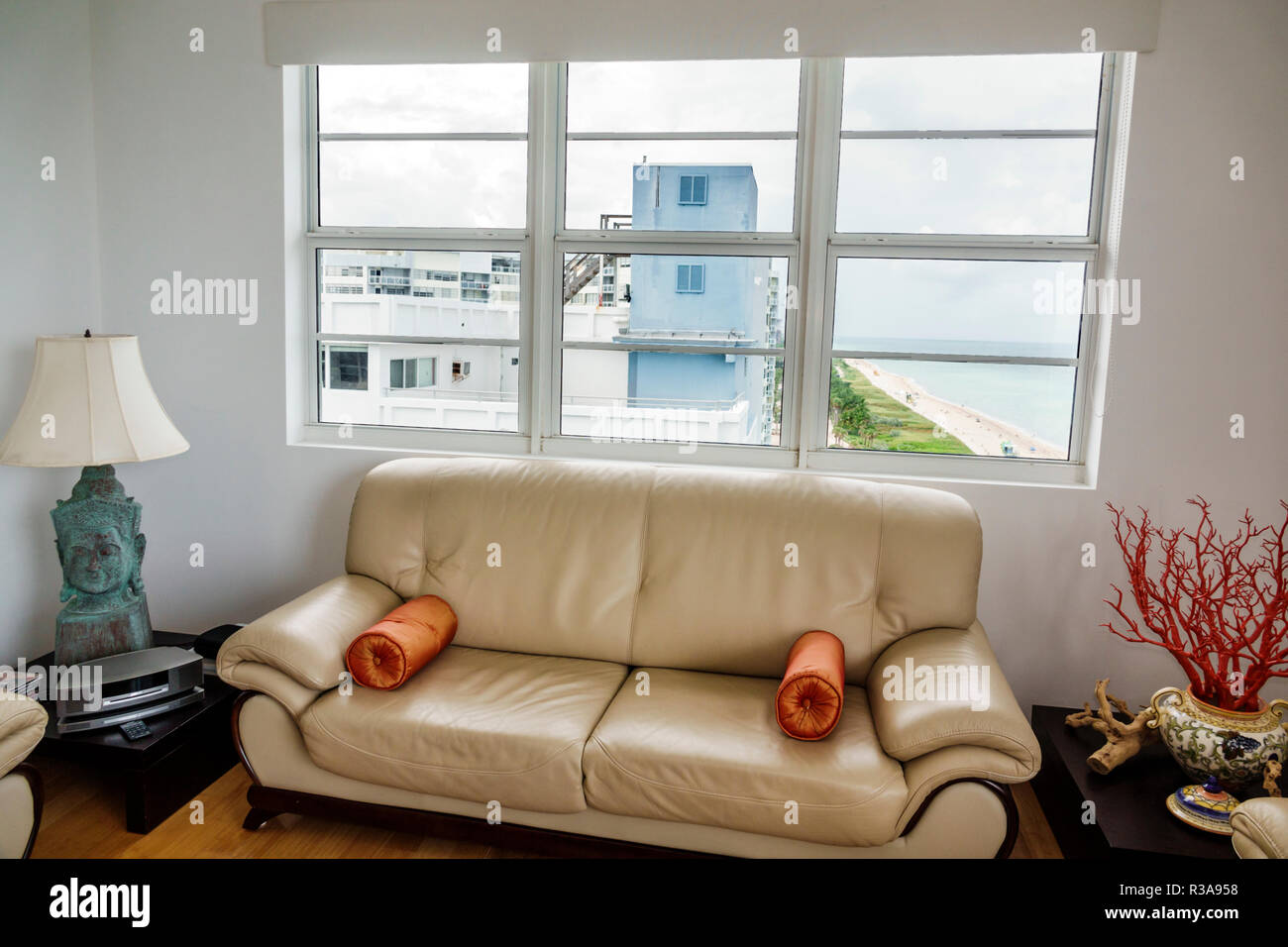 Florida Miami Beach North Beach Collins Condominium Condo Living Room Unattractive Window View Furniture Sofa Sightseeing Visitors Travel Trav Stock Photo Alamy