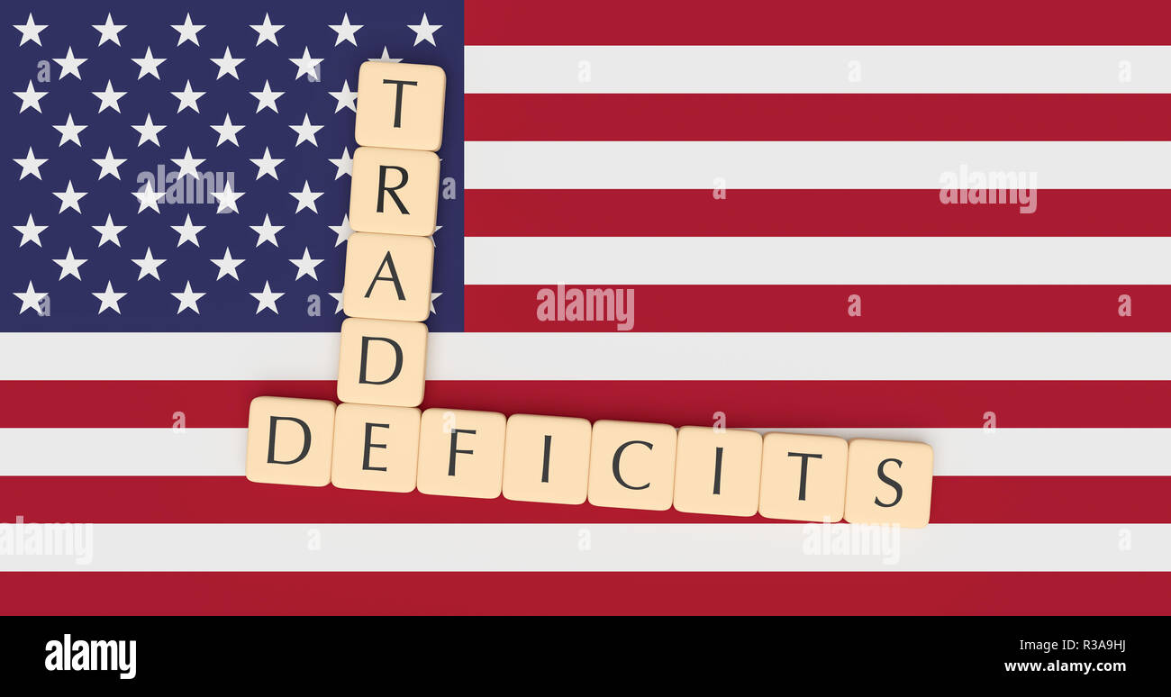 USA Politics News Concept: Letter Tiles Trade Deficits On US Flag, 3d illustration Stock Photo