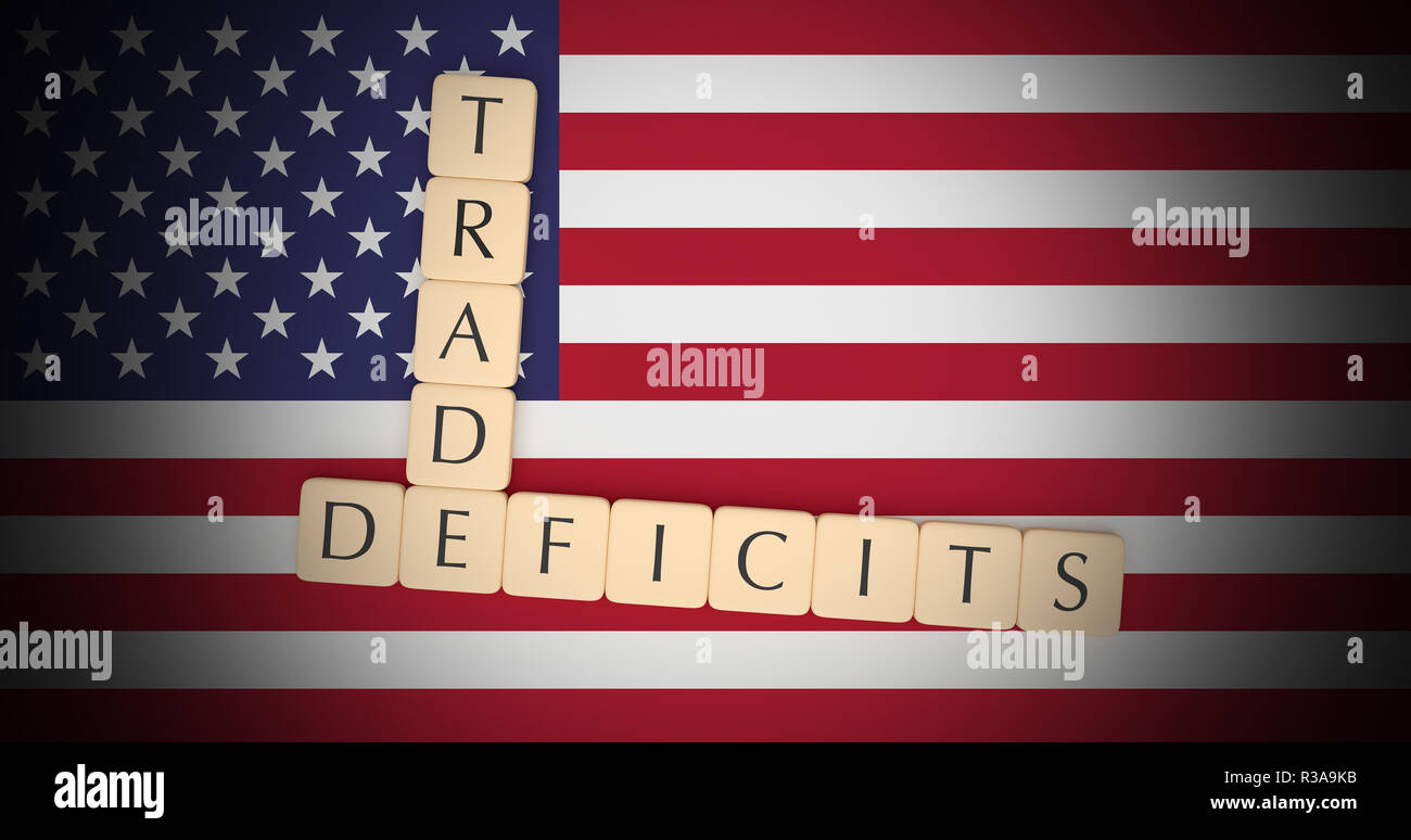 USA Politics News Concept: Letter Tiles Trade Deficits On US Flag, 3d illustration Stock Photo