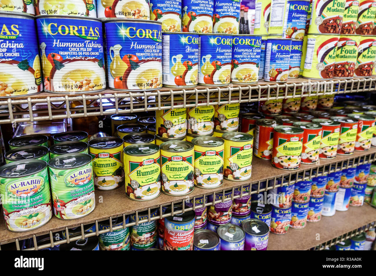 Miami Florida,Daily Bread Marketplace,market grocery store imported food,display sale shelves,Cortas Ziyad Al Rabih hummus,cans,FL181115020 Stock Photo