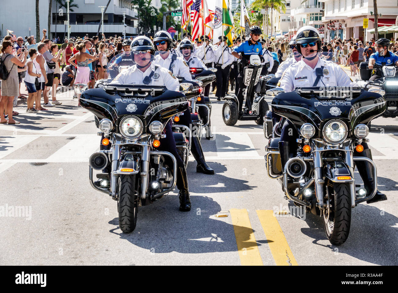 Miami Beach Florida,Ocean Drive,Veterans Day Parade activities,Police Department,motorcycle brigade motorcycles formation patrol,FL181115028 Stock Photo