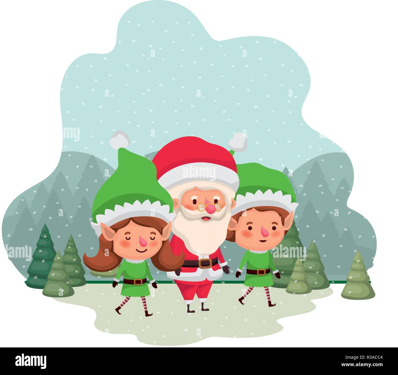 elf couple with santa claus and christmas trees with falling snow ...