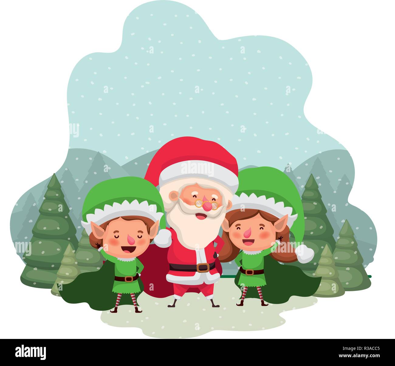 elf couple with santa claus and christmas trees with falling snow ...