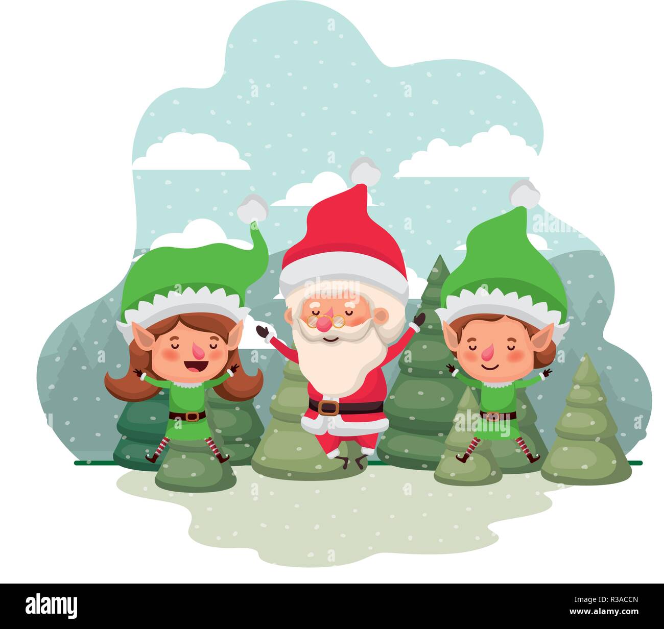 elf couple with santa claus and christmas trees with falling snow ...