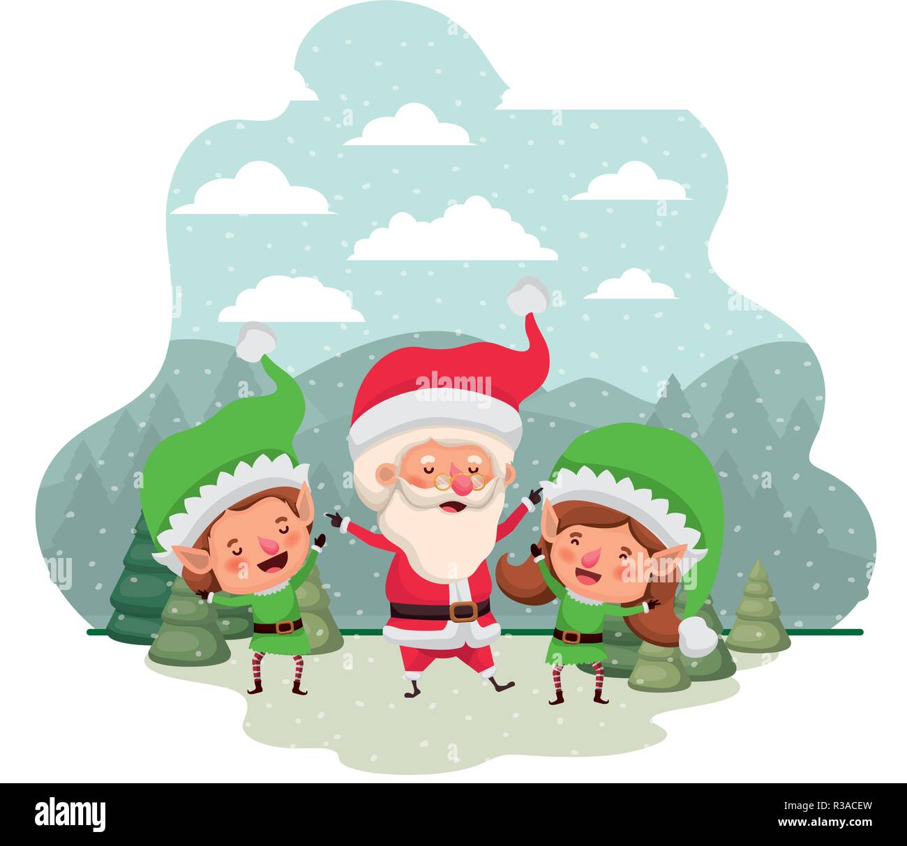 elf couple with santa claus and christmas trees with falling snow ...