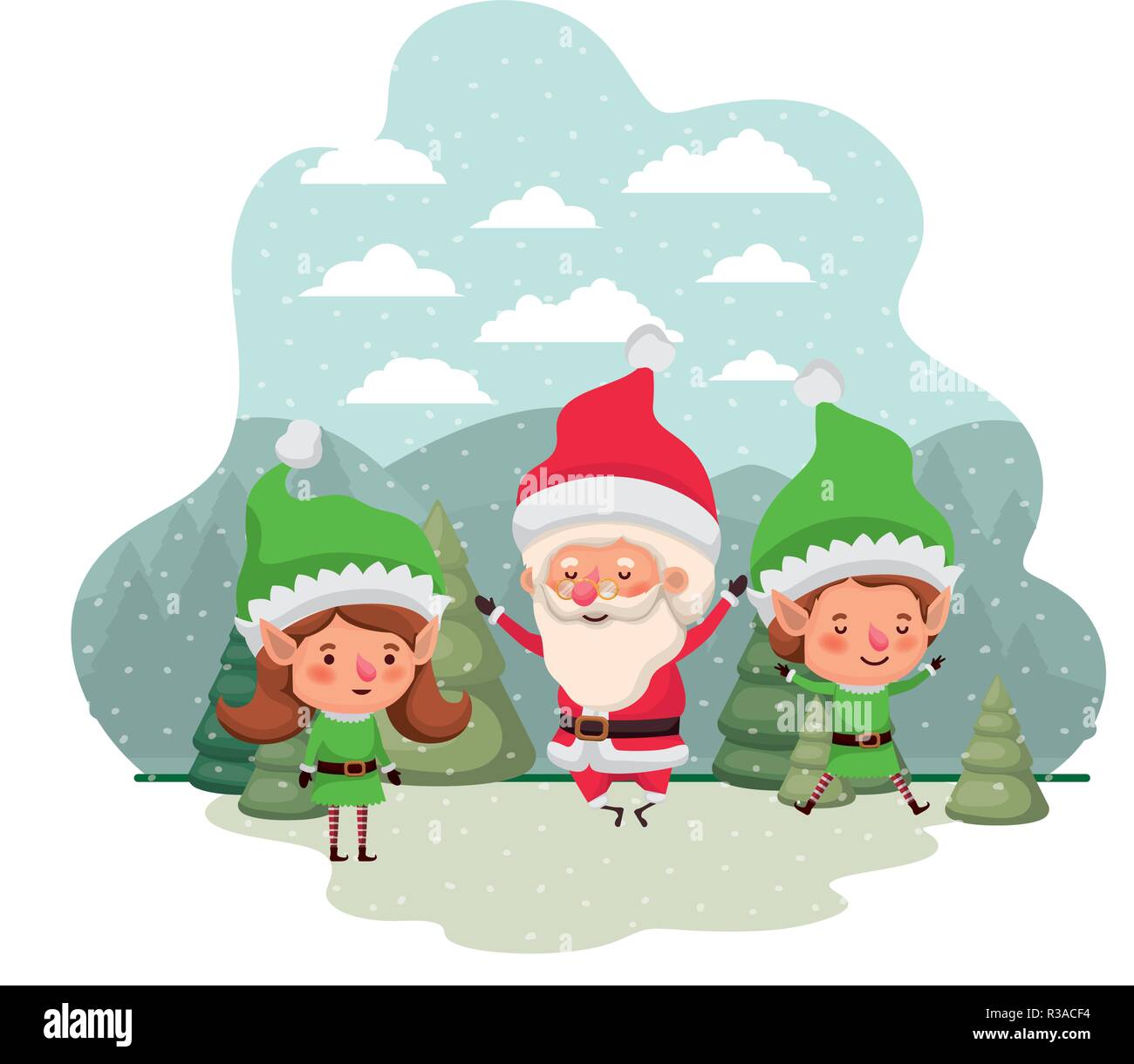 elf couple with santa claus and christmas trees with falling snow ...