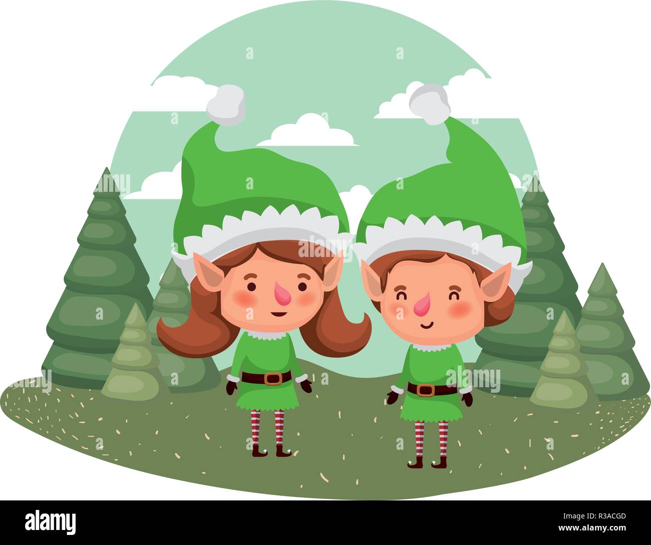 couple of elves moving and christmas trees with falling snow Stock ...