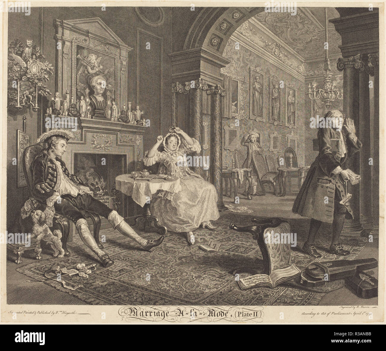 Marriage a la Mode: pl. 2. Dated: 1745. Medium: etching and engraving. Museum: National Gallery of Art, Washington DC. Author: Bernard Baron after William Hogarth. after William Hogarth. William Hogarth. Bernard Baron. Stock Photo