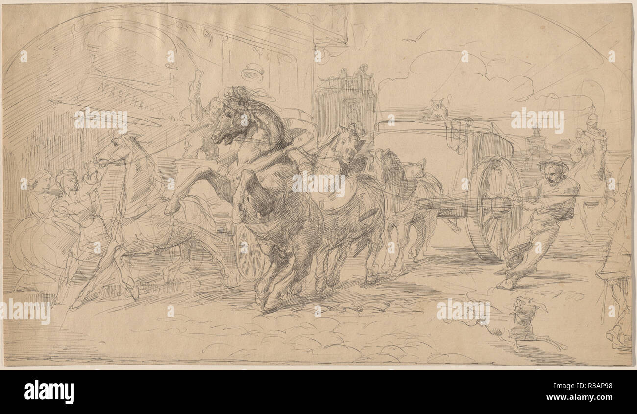 The Runaway Carriage. Dated: 1830s. Dimensions: sheet: 29.1 × 50.2 cm (11 7/16 × 19 3/4 in.)  mount: 43.5 × 60.9 cm (17 1/8 × 24 in.). Medium: pen and black ink on heavy laid paper on an old mount. Museum: National Gallery of Art, Washington DC. Author: Circle of Eugène Delacroix. Stock Photo