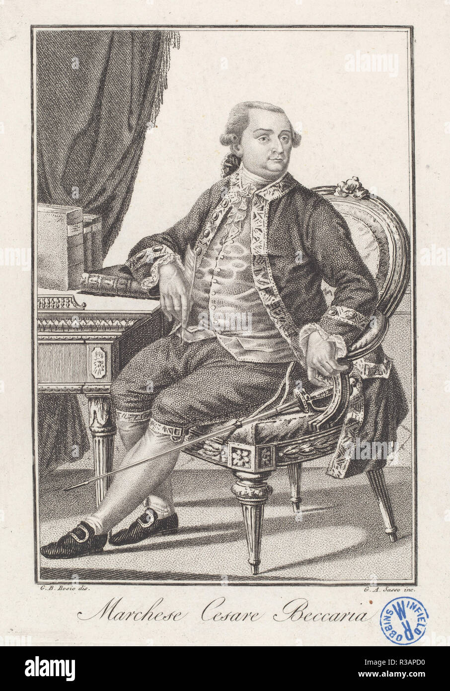 Marchese Cesare Beccaria. Dated: 1815-1818. Dimensions: sheet: 23 × 16.6 cm (9 1/16 × 6 9/16 in.)  plate: 19.8 × 14 cm (7 13/16 × 5 1/2 in.). Medium: etching and stipple engraving. Museum: National Gallery of Art, Washington DC. Author: Giovanni Antonio Sasso, after G. B. Bosio. Stock Photo