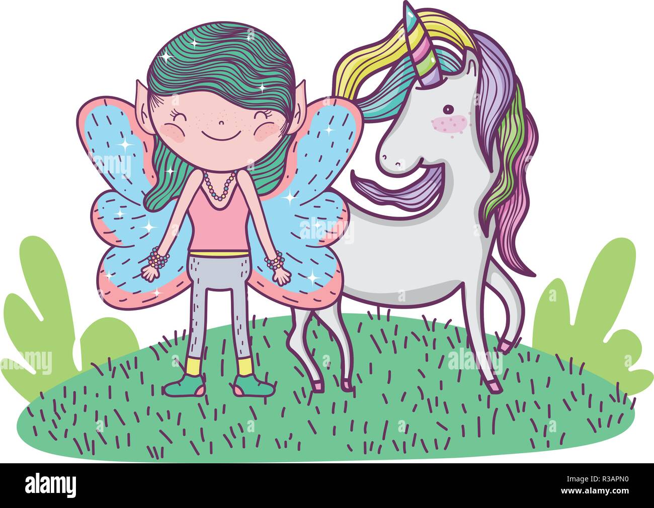 cute little fairy with unicorn in the field vector illustration design ...