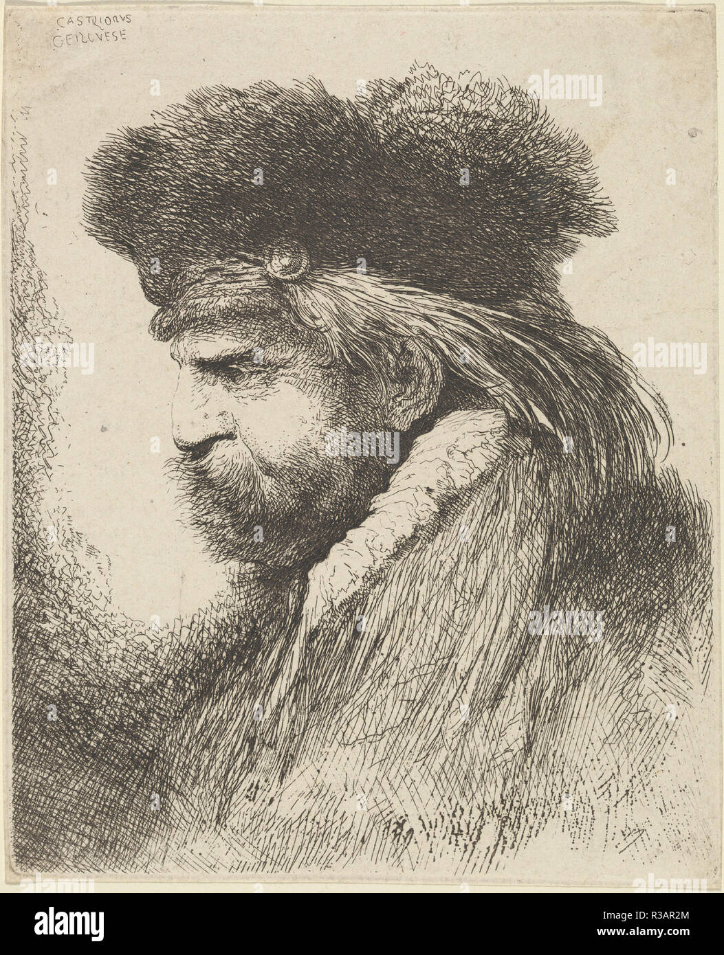 Bearded Man in a Fur Cap, Facing Left. Dated: c. 1645/1647. Dimensions: plate: 18.1 x 14.8 cm (7 1/8 x 5 13/16 in.)  sheet: 18.4 x 15.1 cm (7 1/4 x 5 15/16 in.). Medium: etching on laid paper. Museum: National Gallery of Art, Washington DC. Author: Giovanni Benedetto Castiglione. Stock Photo