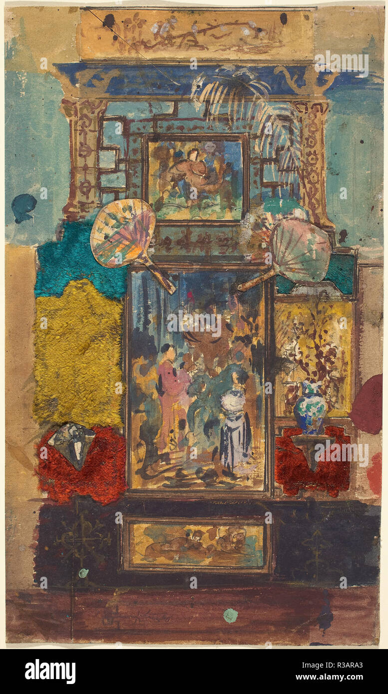 Stage Set Consisting Of Painted Panels, Fabrics, And Fans. Dimensions: sheet: 24.5 x 14.6 cm (9 5/8 x 5 3/4 in.). Medium: watercolor, gouache, graphite, black ink, and metallic gold paint with collage of colored fabric and various papers on wove paper. Museum: National Gallery of Art, Washington DC. Author: Robert Caney. Stock Photo
