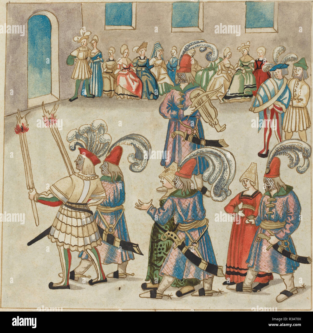 Two Dancing Couples Led by Torch-bearing Knights. Dated: c. 1515. Dimensions: image: 23.2 x 23.7 cm (9 1/8 x 9 5/16 in.)  sheet: 33 x 26.1 cm (13 x 10 1/4 in.). Medium: pen and brown ink with watercolor on laid paper. Museum: National Gallery of Art, Washington DC. Author: German 16th Century. Stock Photo