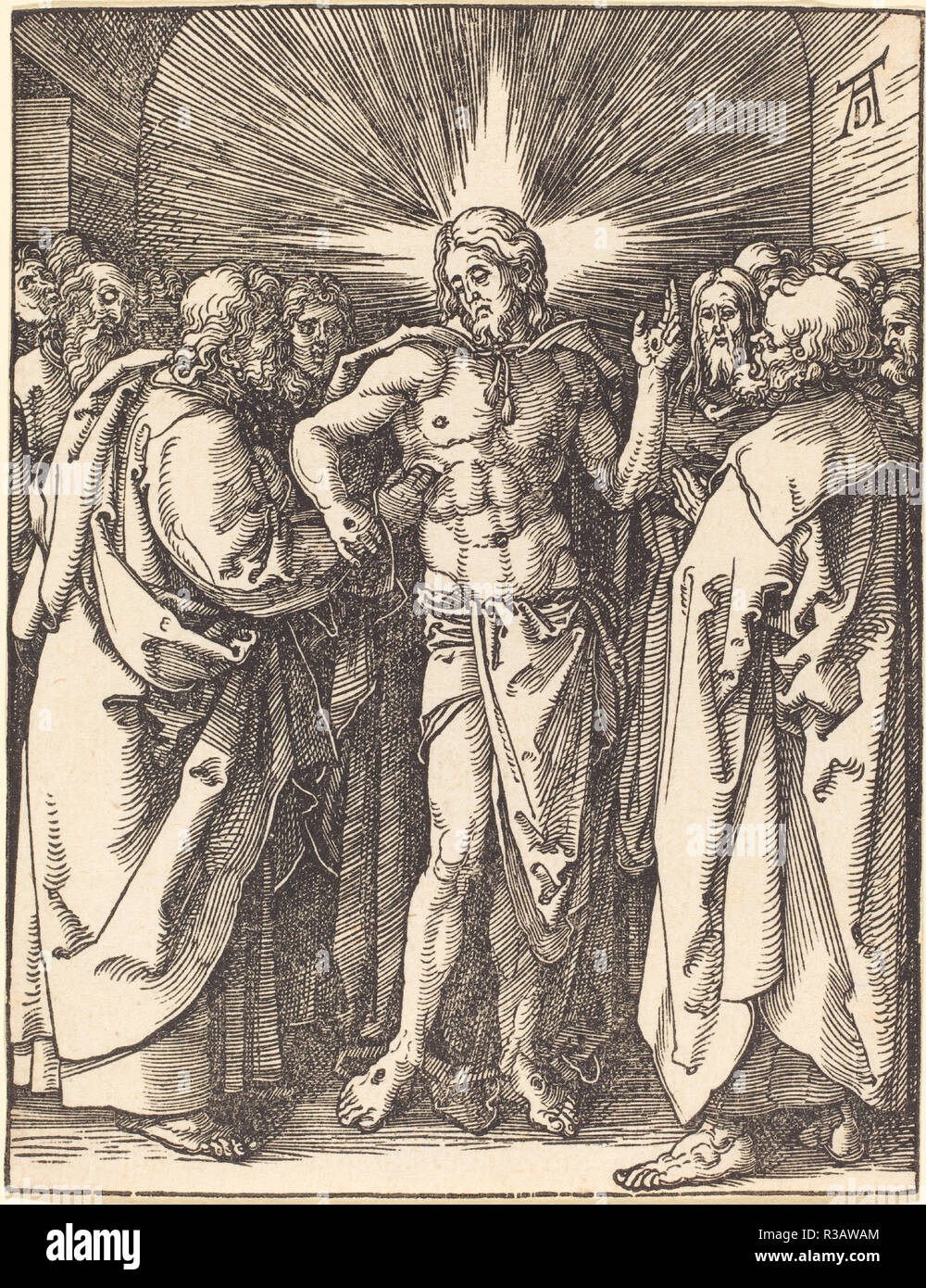Doubting Thomas. Dated: probably c. 1509/1510. Dimensions: sheet (trimmed to image): 12.7 x 9.7 cm (5 x 3 13/16 in.). Medium: woodcut. Museum: National Gallery of Art, Washington DC. Author: Dürer, Albrecht. ALBRECHT DUERER. Stock Photo