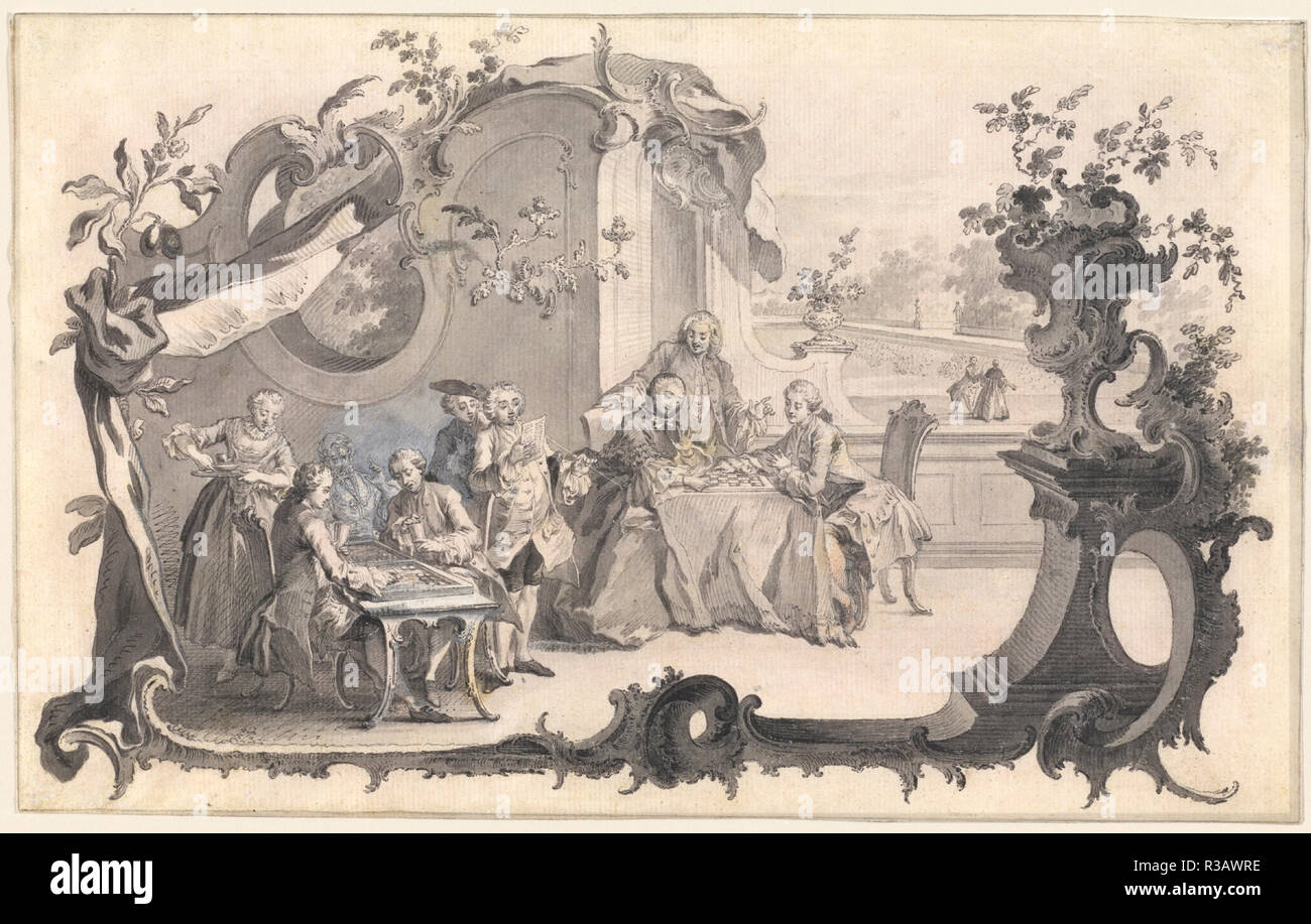 An Elegant Company Playing Board Games. Dated: 1756. Dimensions: sheet: 16.5 x 26.5 cm (6 1/2 x 10 7/16 in.). Medium: pen and gray ink with gray wash, corrected with white gouache, incised throughout, verso reddened for transfer. Museum: National Gallery of Art, Washington DC. Author: Johann Esaias Nilson. Stock Photo
