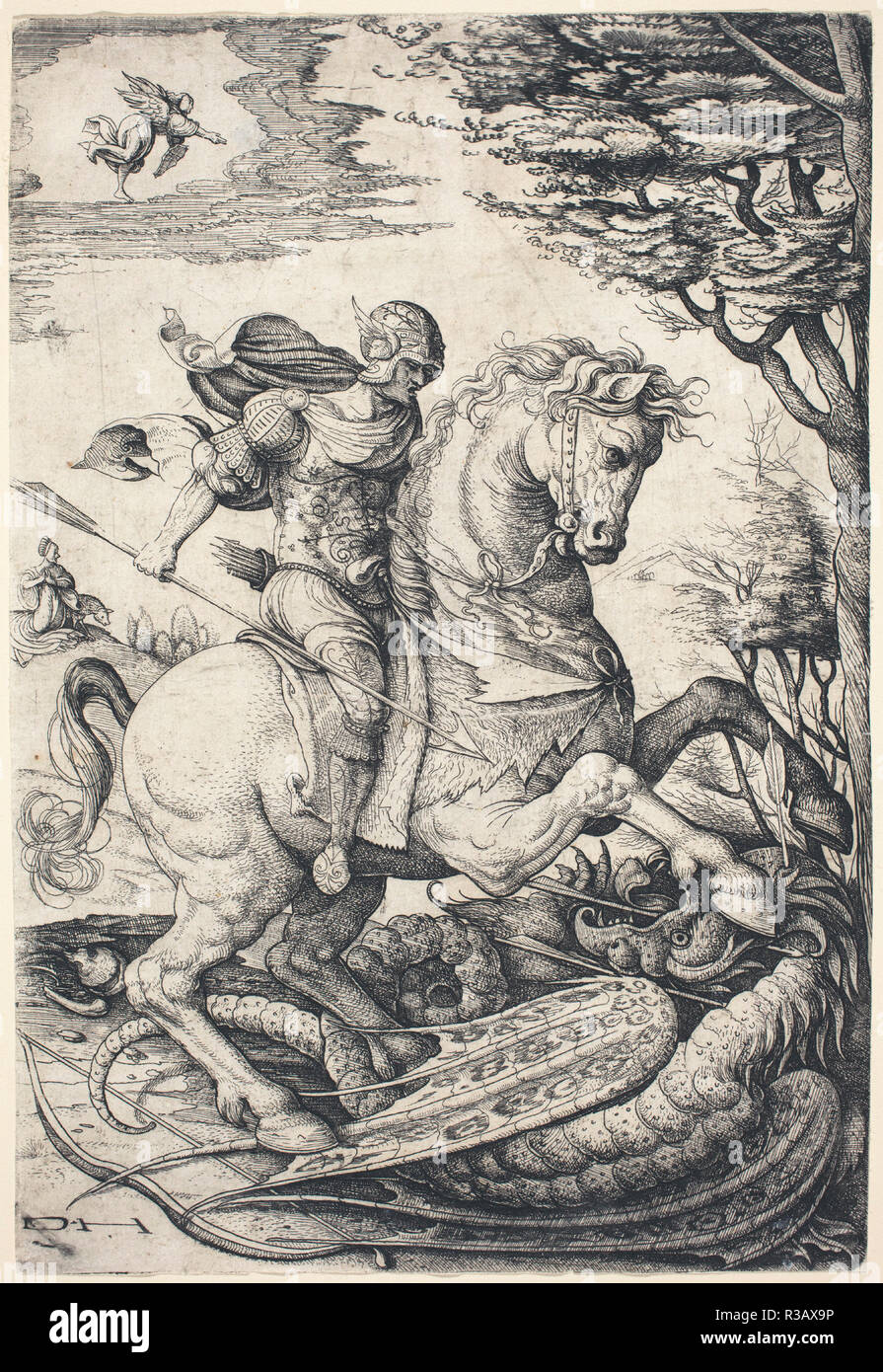 Saint George on Horseback Slaying the Dragon. Dimensions: sheet (trimmed to plate mark): 22.6 x 15.4 cm (8 7/8 x 6 1/16 in.). Medium: etching (iron), plate bitten twice. Museum: National Gallery of Art, Washington DC. Author: DANIEL HOPFER. Stock Photo