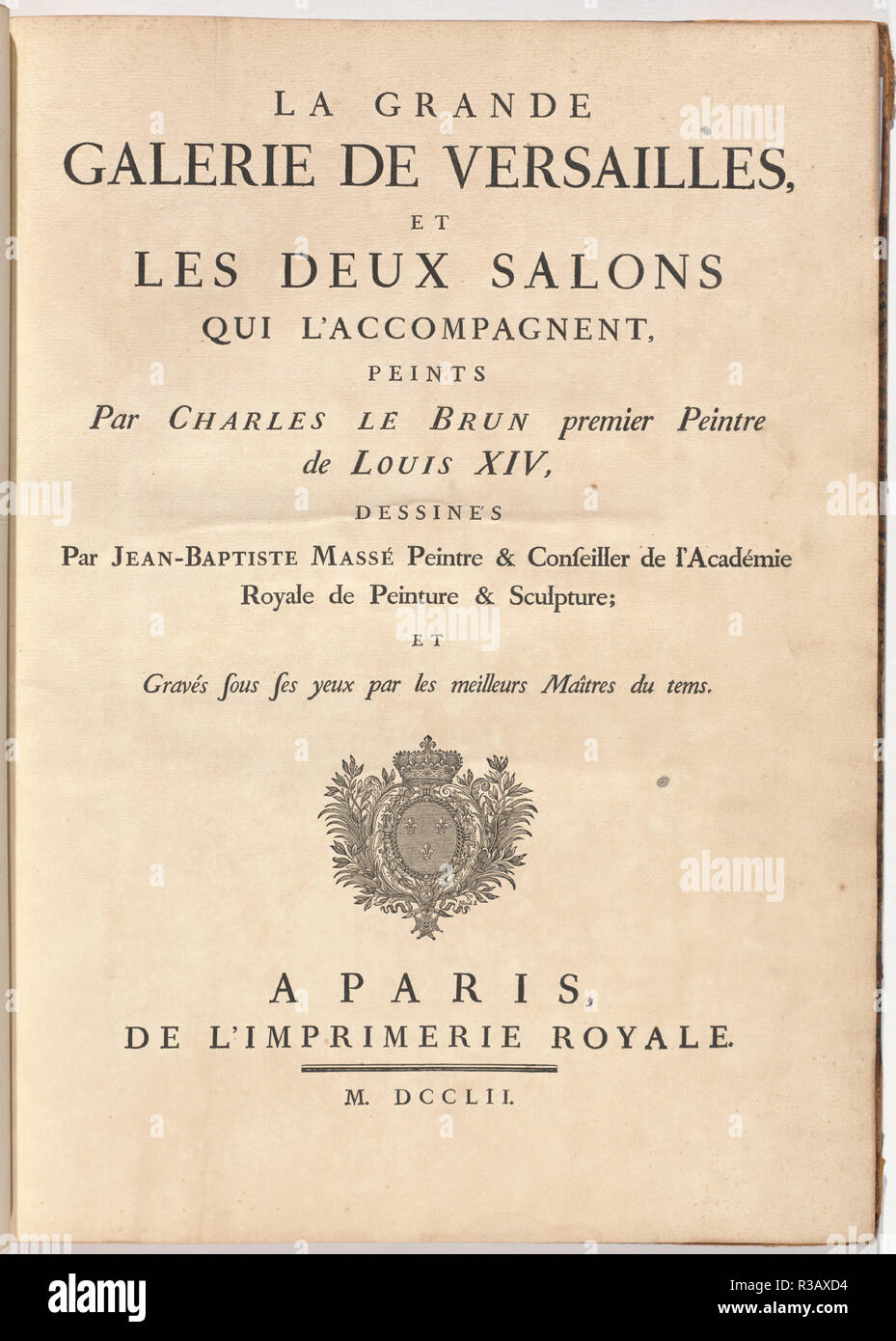 La Grande Galerie de Versailles, et les deux salons qui l'accompagnent (The Grand Gallery of Versailles and Two Accompanying Salons). Dated: 1752. Dimensions: book: 65.5 × 49 × 5.7 cm (25 13/16 × 19 5/16 × 2 1/4 in.). Medium: bound volume with 56 engravings including 1 engraved portrait of Massé and 23 double-spread plates. Museum: National Gallery of Art, Washington DC. Author: Jean-Baptiste Massé (designer and author) and various engravers after Charles Le Brun, with an engraved portrait of J-B Massé by Johann Georg Wille after Louis Tocqué. Stock Photo