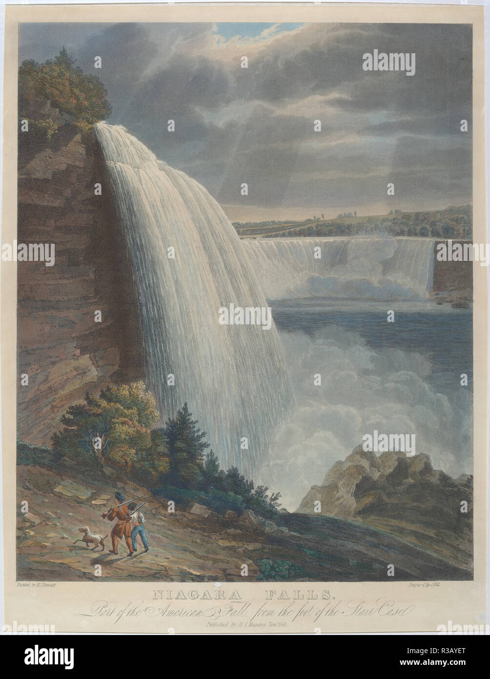 Niagara Falls from Foot of Staircase. Dated: 1829. Dimensions: sheet (trimmed within plate mark): 59 x 46.9 cm (23 1/4 x 18 7/16 in.). Medium: hand-colored engraving and aquatint. Museum: National Gallery of Art, Washington DC. Author: John Hill, after William James Bennett. Stock Photo