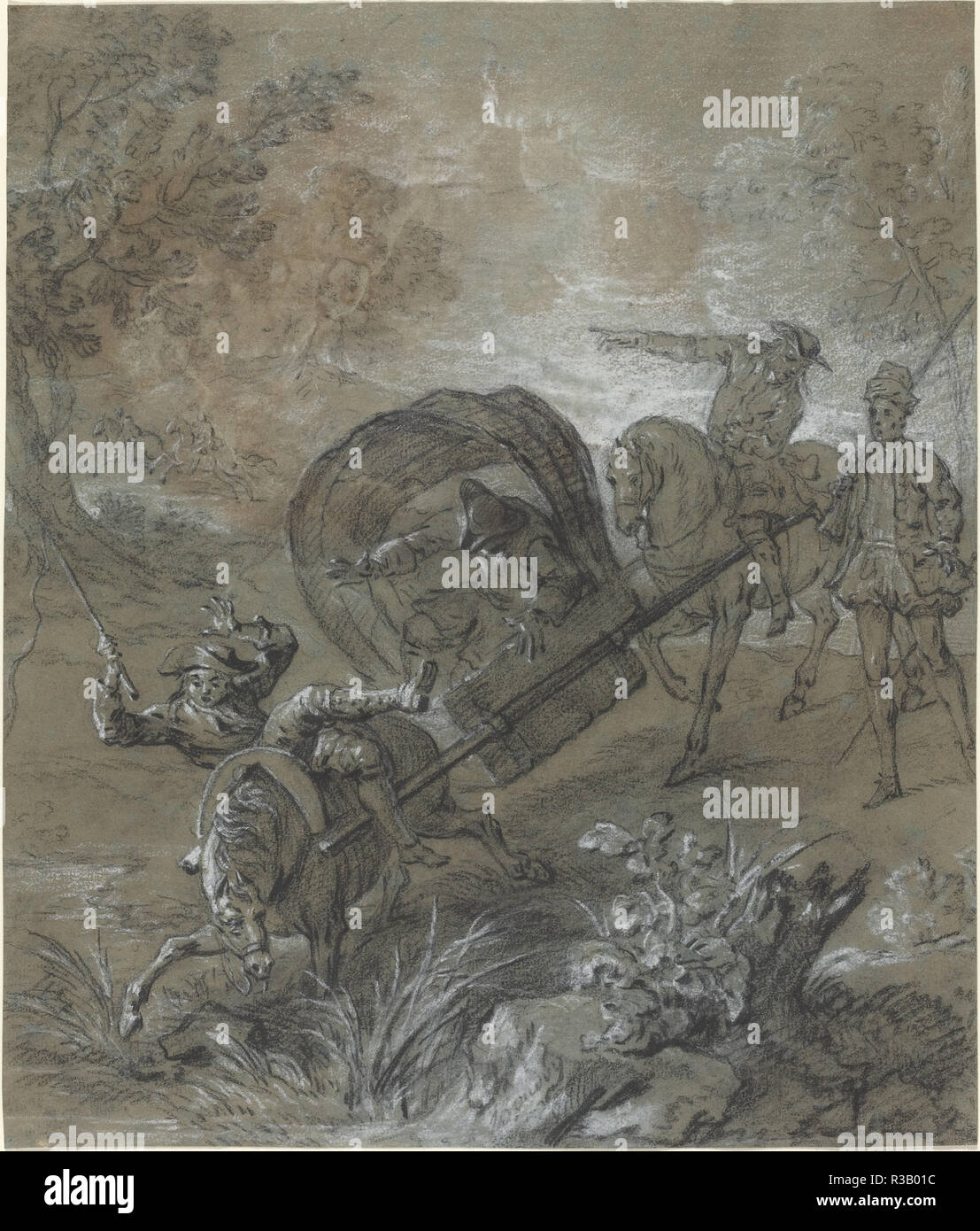 La Rancune en brancard, abattu dans le bourbier. Dated: 1726. Dimensions: overall: 32.6 x 27.8 cm (12 13/16 x 10 15/16 in.). Medium: black chalk heightened with white chalk on blue laid paper. Museum: National Gallery of Art, Washington DC. Author: Jean-Baptiste Oudry. Stock Photo
