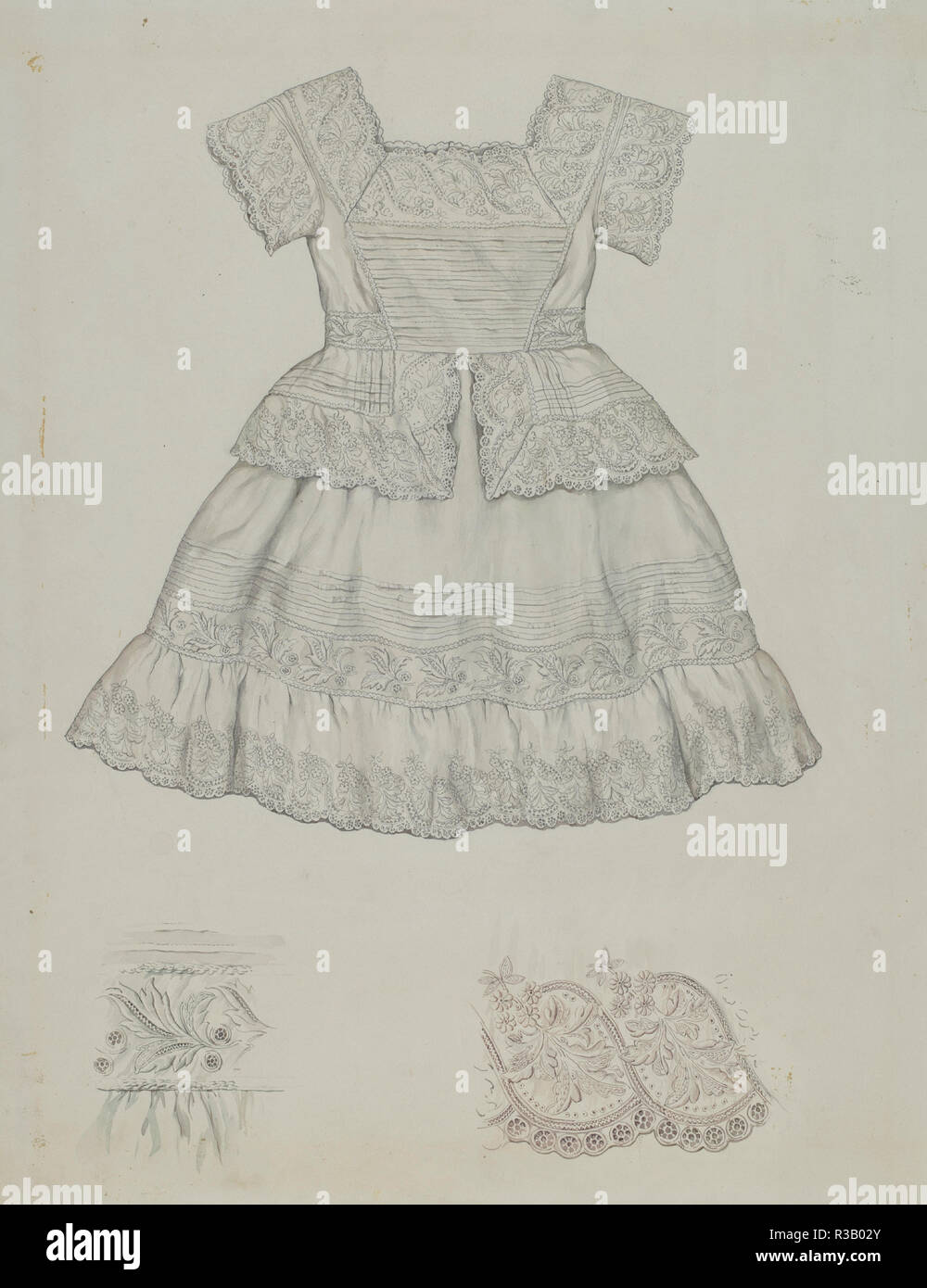 Child's Dress. Dated: 1935/1942. Dimensions: overall: 36.7 x 29.2 cm (14 7/16 x 11 1/2 in.)  Original IAD Object: 21' at waist; 16 1/4' across shoulders; skirt: 74' wide; shoulder to waist: 9'; waist to bottom of skirt: 12 1/2'. Medium: watercolor and graphite on paper. Museum: National Gallery of Art, Washington DC. Author: Lillian Causey. Stock Photo