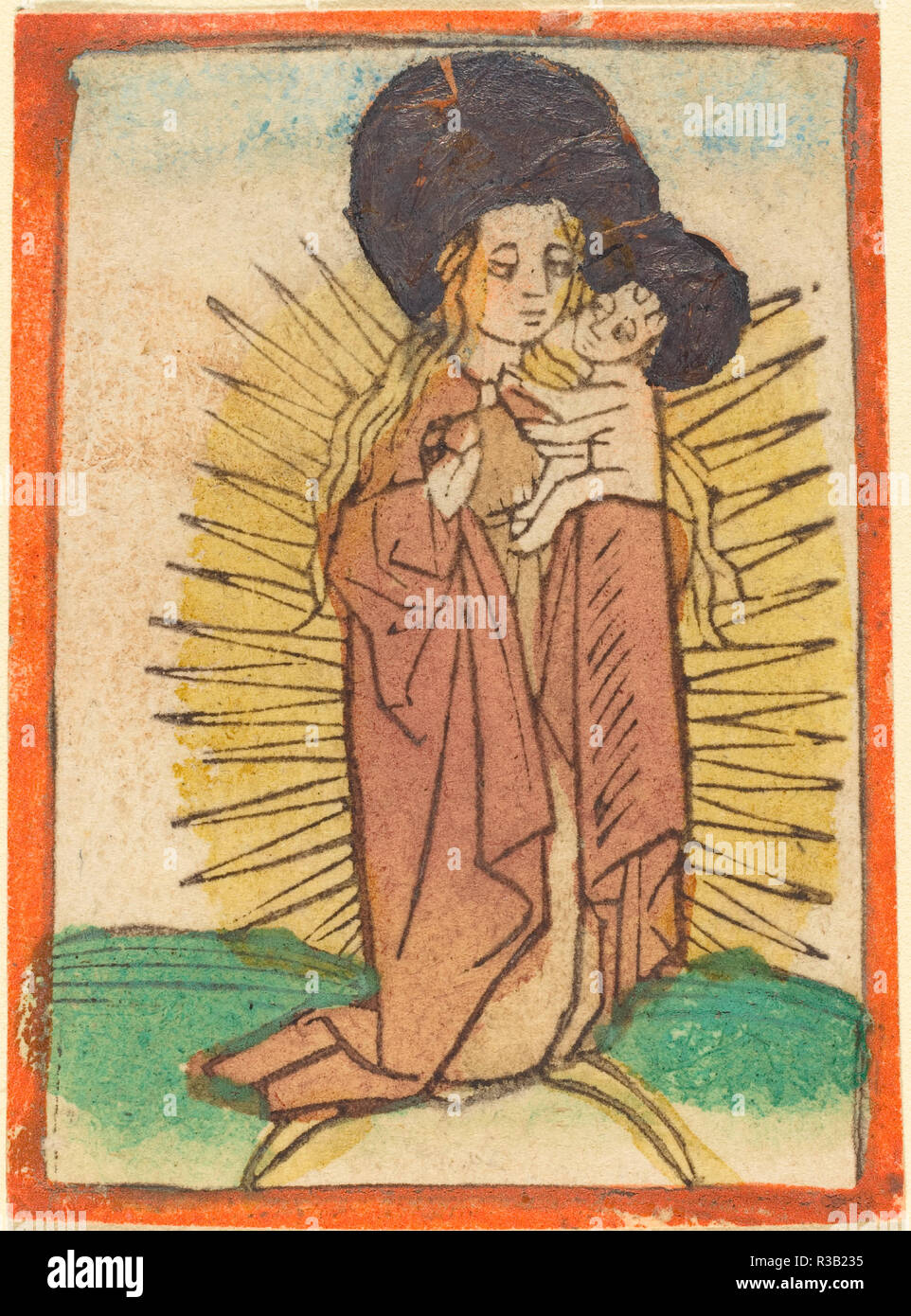 Madonna and Child in a Glory Standing on a Crescent Moon. Dated: c. 1470. Medium: woodcut in dark brown, hand-colored in rose, green, yellow, blue, brown, gold, and orange. Museum: National Gallery of Art, Washington DC. Author: German 15th Century. Stock Photo
