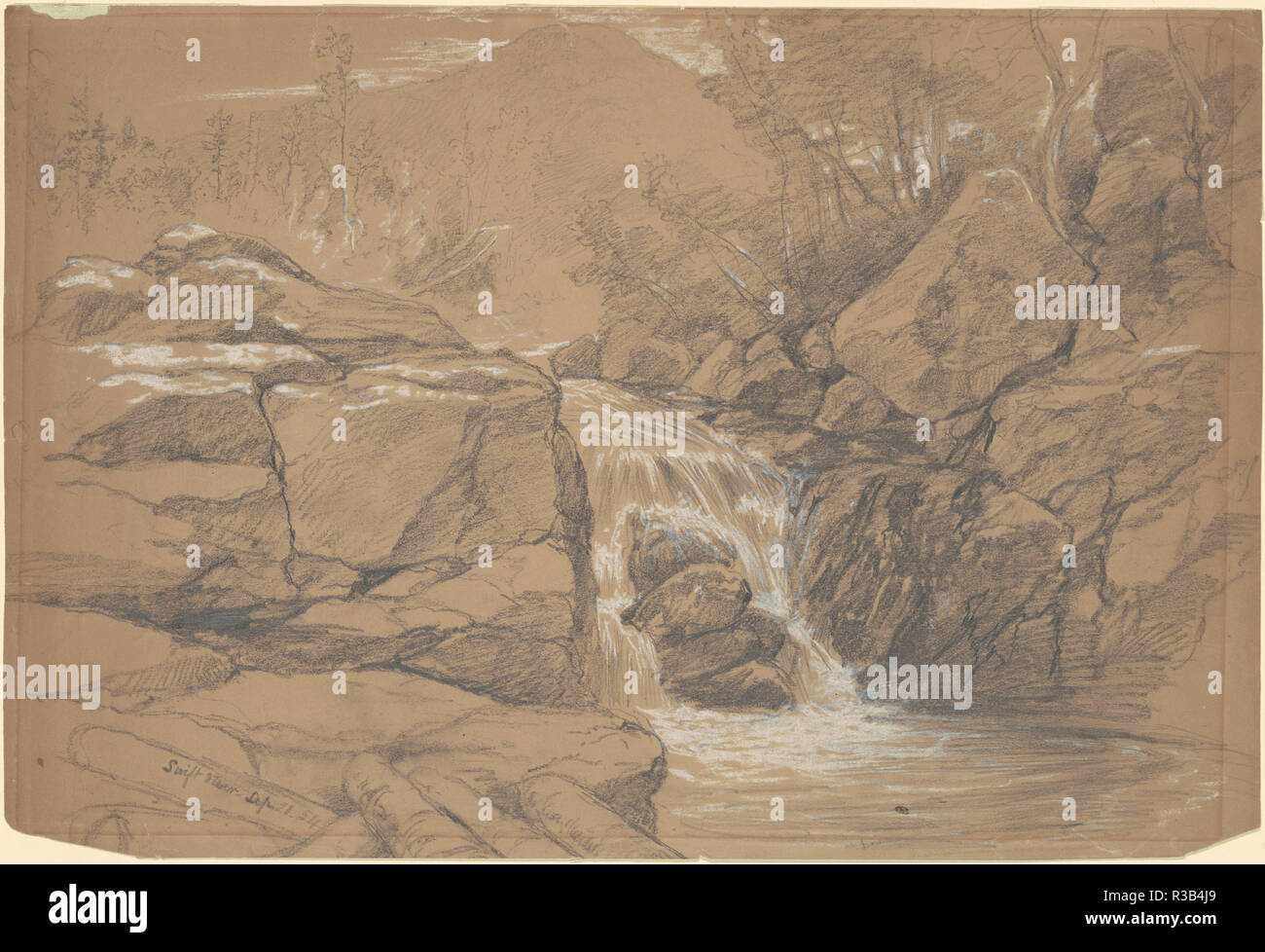 Swiftwater. Dated: 1854. Dimensions: sheet: 11 7/16 x 16 13/16 in. (29.05 x 42.7 cm). Medium: graphite with gouache on wove paper. Museum: National Gallery of Art, Washington DC. Author: DANIEL HUNTINGTON. Stock Photo