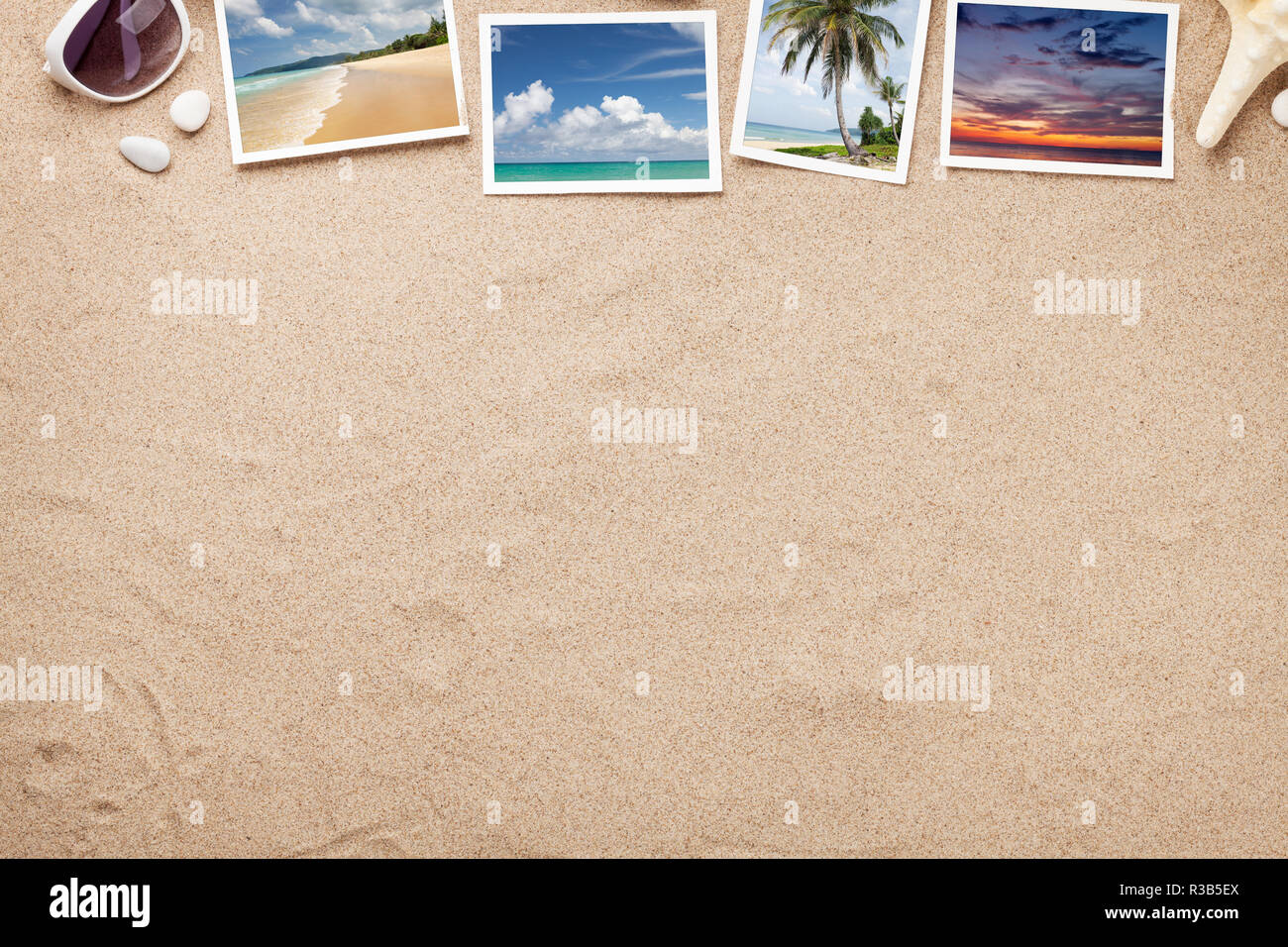 Travel vacation background concept with sunglasses, seashells and photos on sand backdrop. Top view with copy space. Flat lay. All photos taken by me Stock Photo