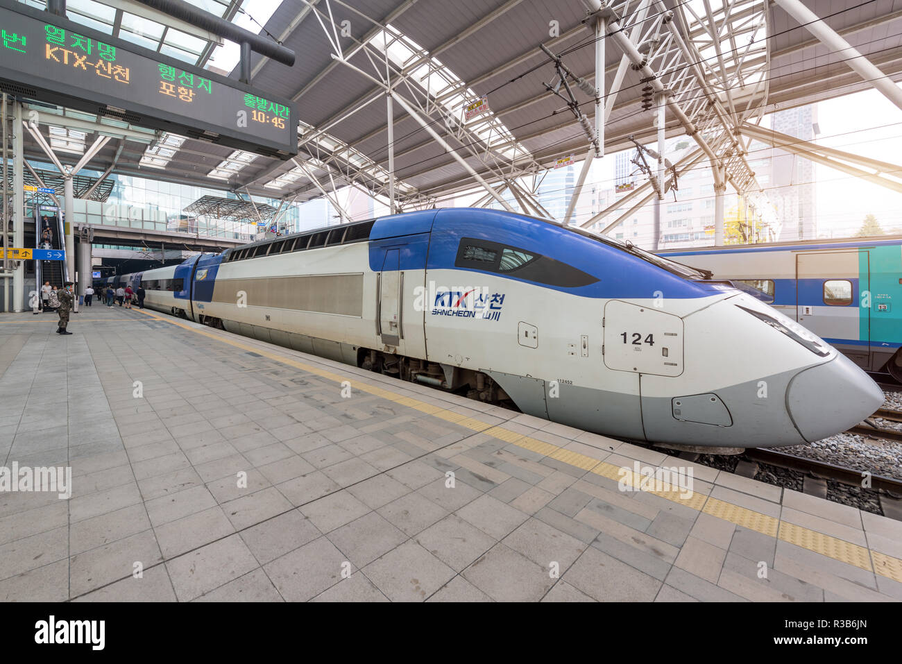 Seoul, South Korea -November 8, 2017 : High speed bullet trains (KTX) and Korail trains stop at the Seoul station in South Korea. Stock Photo