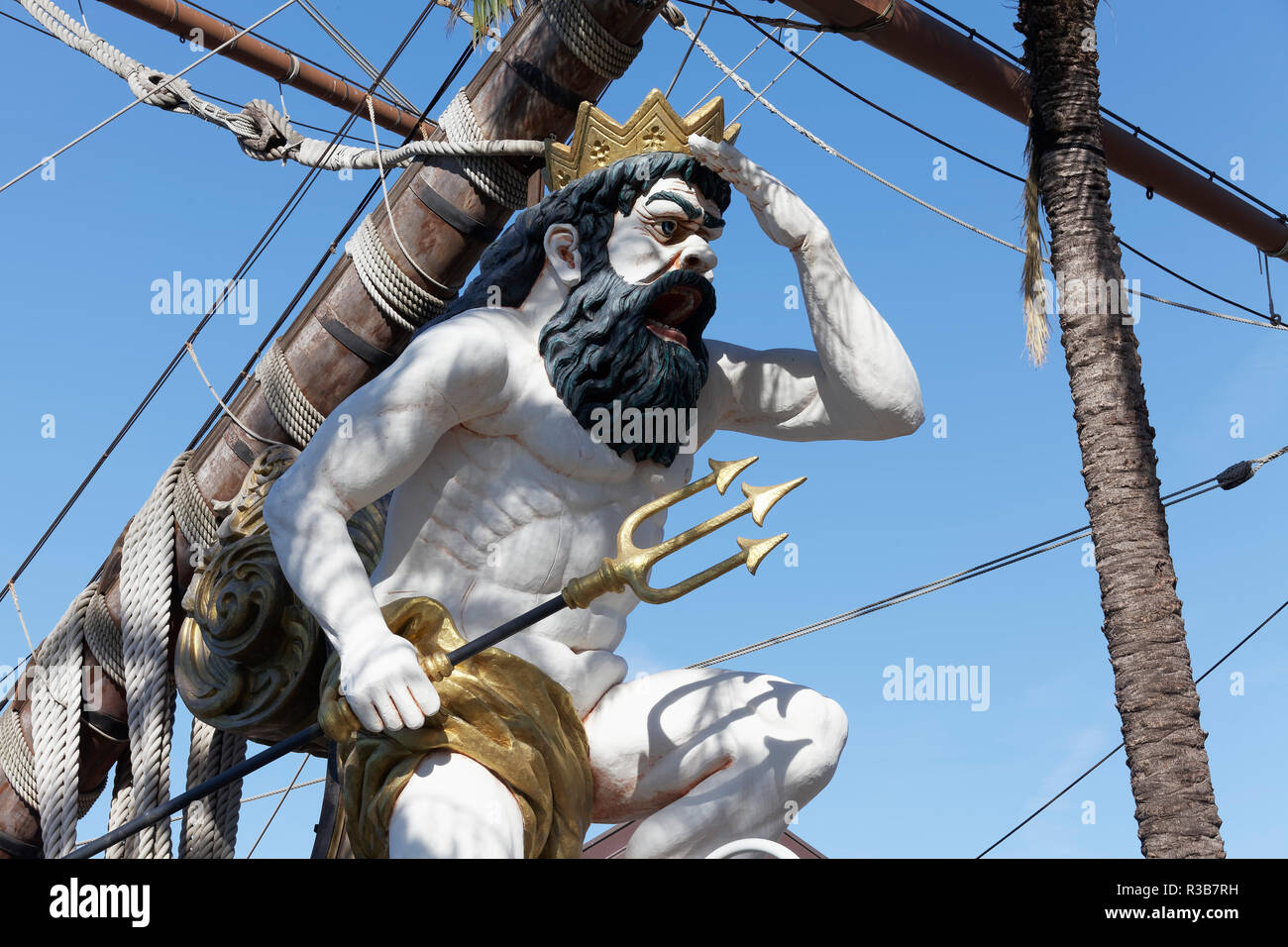 Neptune figure, galleon Neptune at the bow, sailing ship from the Polanski movie Pirates, Genoa, Liguria, Italy Stock Photo