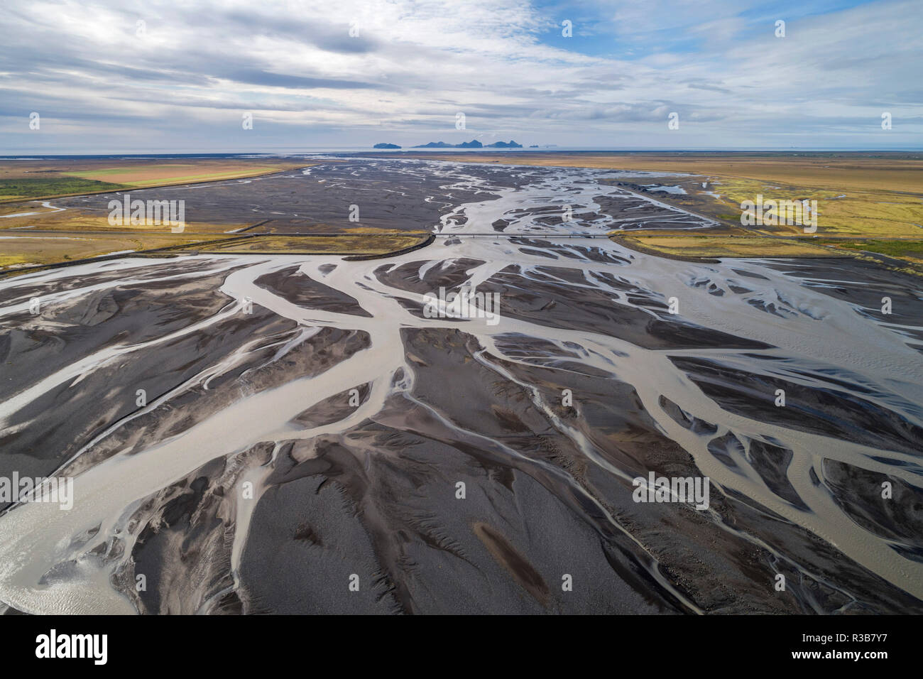 Drone shot, glacier river at Seljalandfoss, Sudurland, Iceland Stock Photo