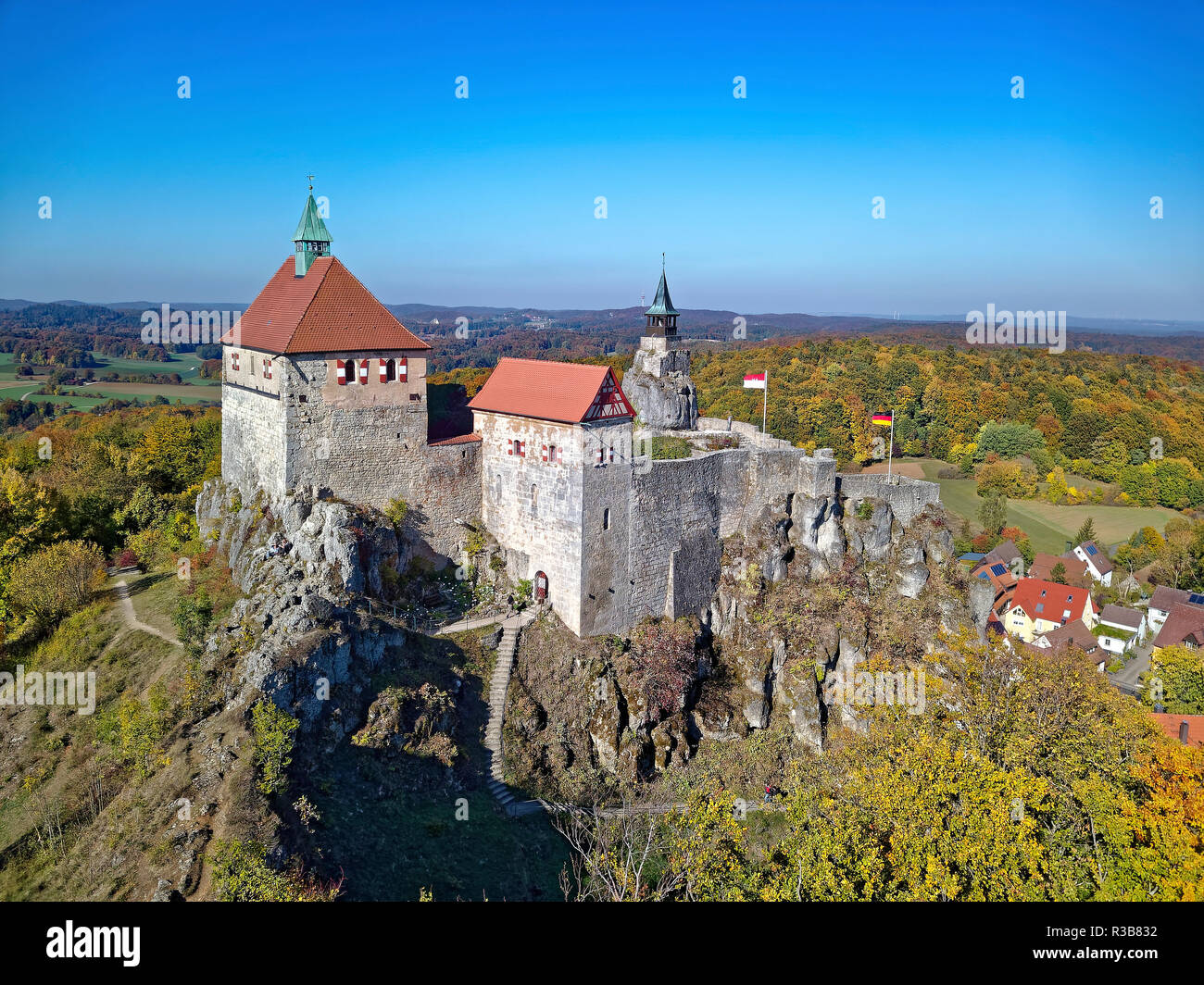 Hohenstein Castle, drone shot, Franconian Alb, Hersbruck Alb, Middle Franconia, Franconia, Bavaria, Germany Stock Photo
