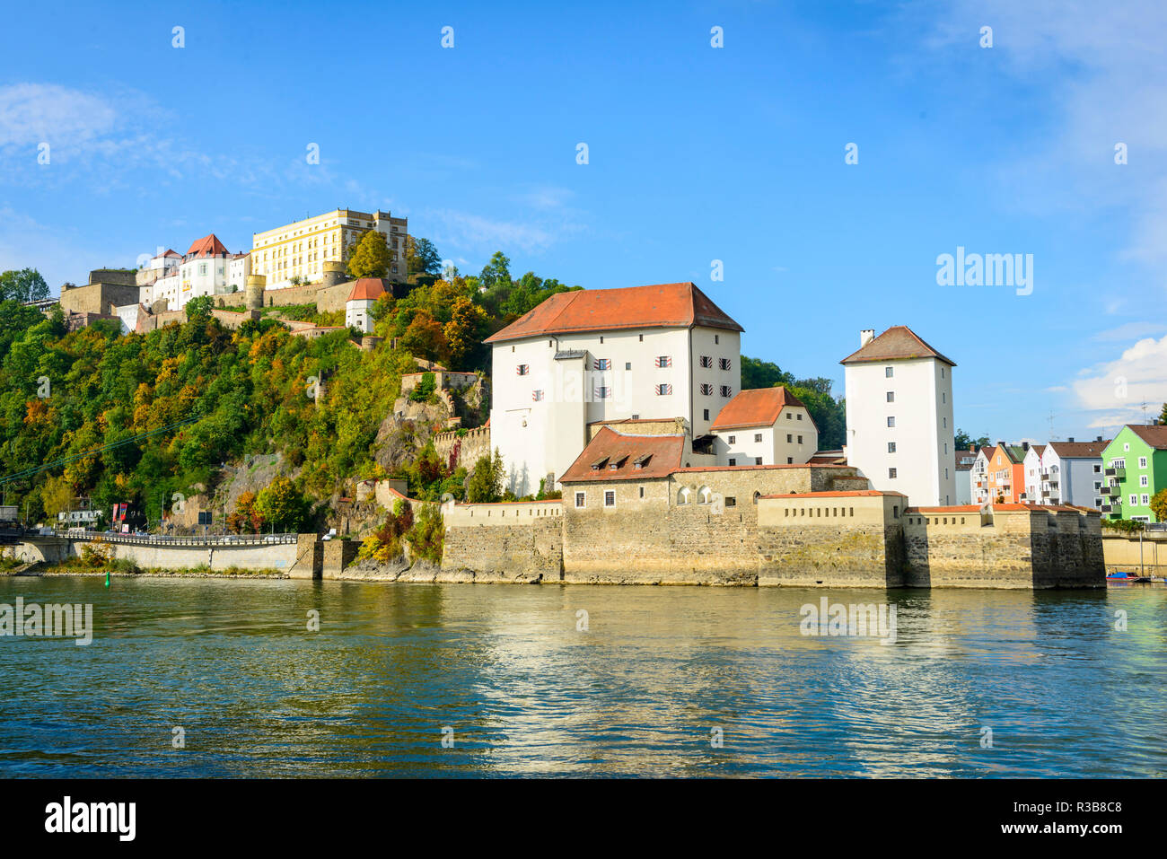 Castle Veste Upper House and Lower House, Danube, Passau, Lower Bavaria, Bavaria Stock Photo