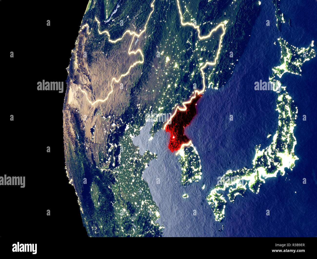 Night view of North Korea from space with visible city lights. Very