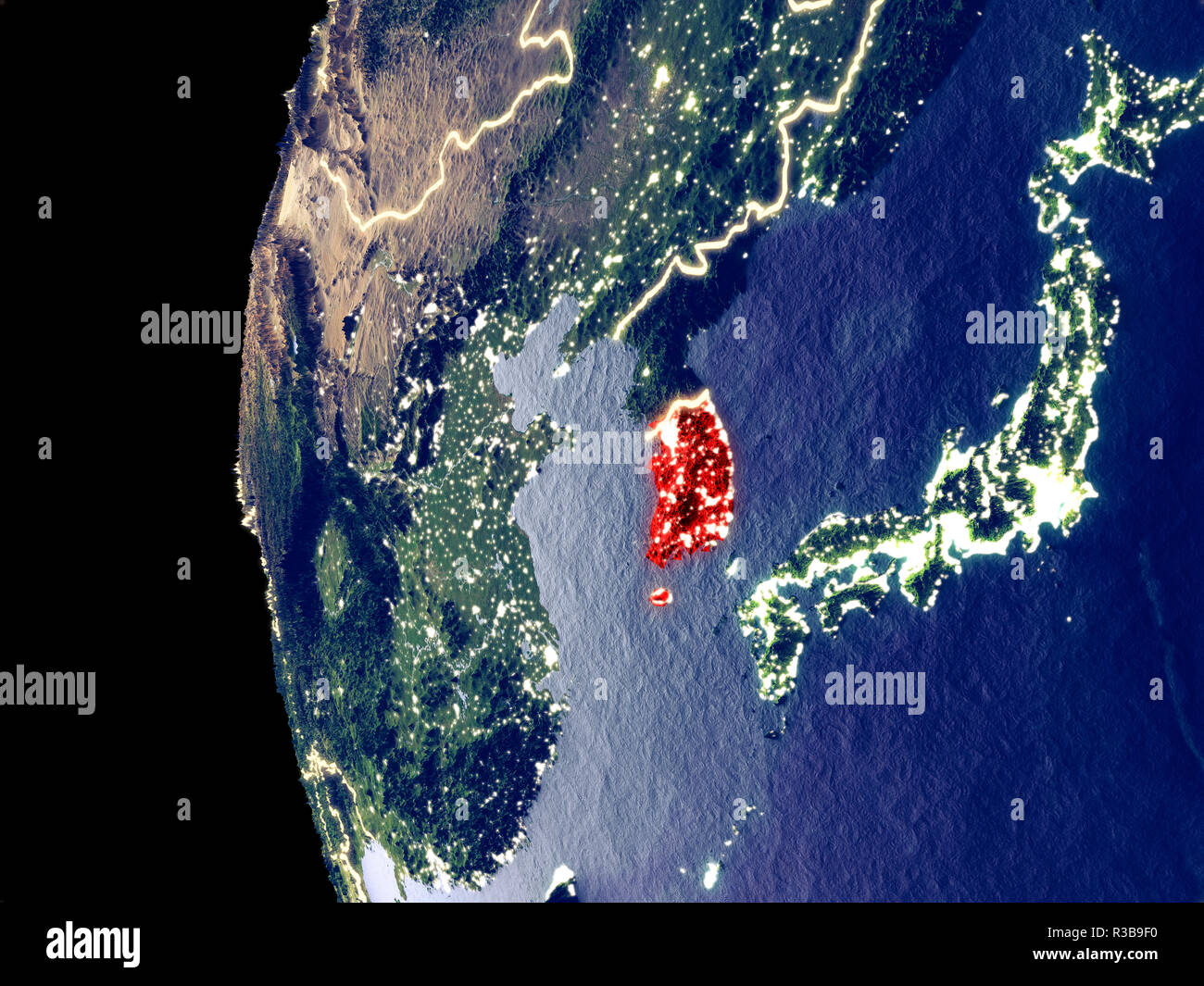 Night view of South Korea from space with visible city lights. Very ...