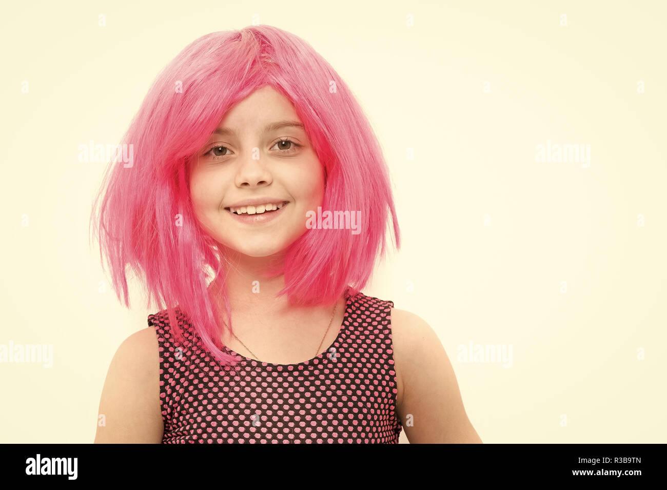 Girl Child Smile In Pink Wig Hairstyle Isolated On White Happy